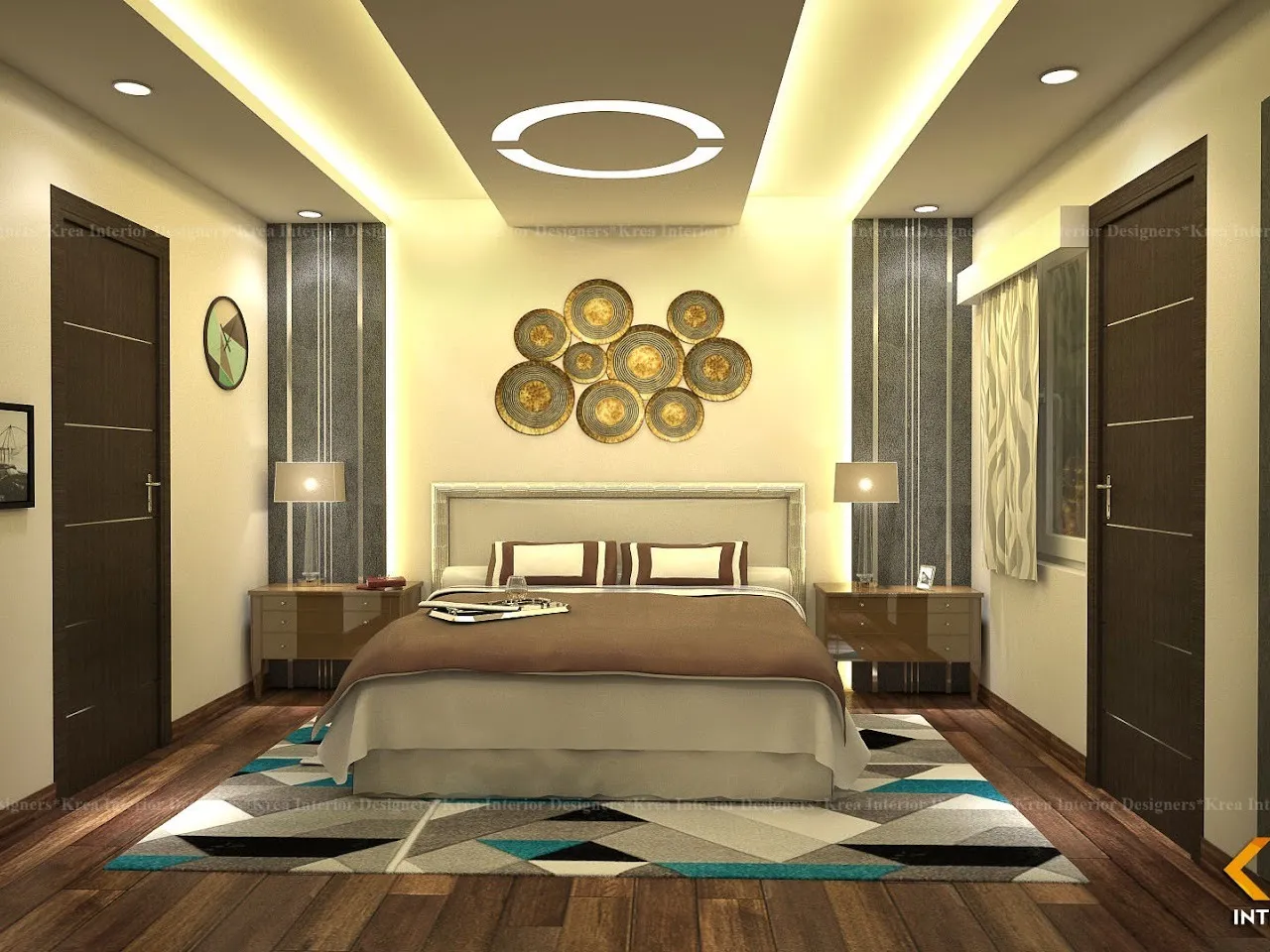 Luxury Master Bedroom with Wooden Panel Headboard & False Ceiling Modern Bedroom Desk and Decor 
