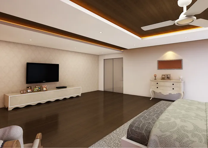 Elegant Master Bedroom with Tufted Headboard & Layered False Ceiling Modern Bedroom Desk and Decor 