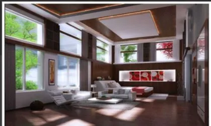 Contemporary Bedroom with Stone-Clad TV Feature Wall and Curved False Ceiling Modern Bedroom Desk and Decor 