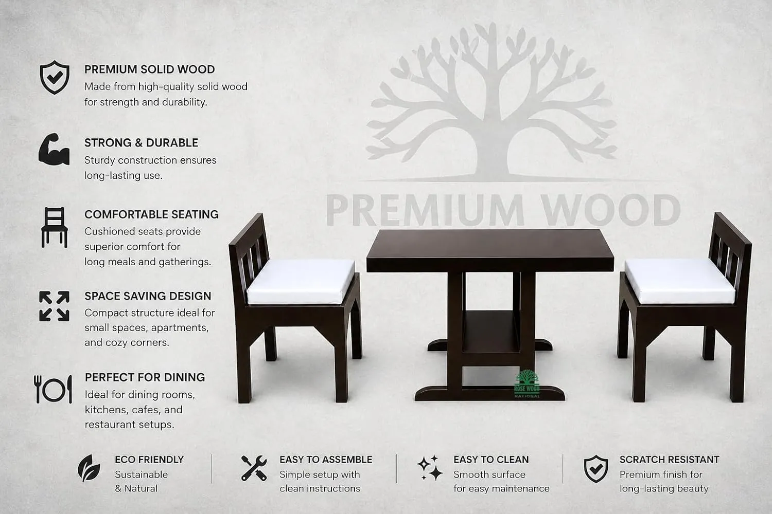 National Solid Mango Wood 2 Seater Dining Table Set with Cushioned Chairs 2 Seater Dining Tables Desk and Decor 