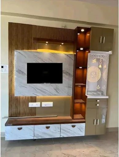 Marble-Panel TV Unit with Integrated Pooja (Prayer) Cabinet TV Unit Focused Design Desk and Decor 