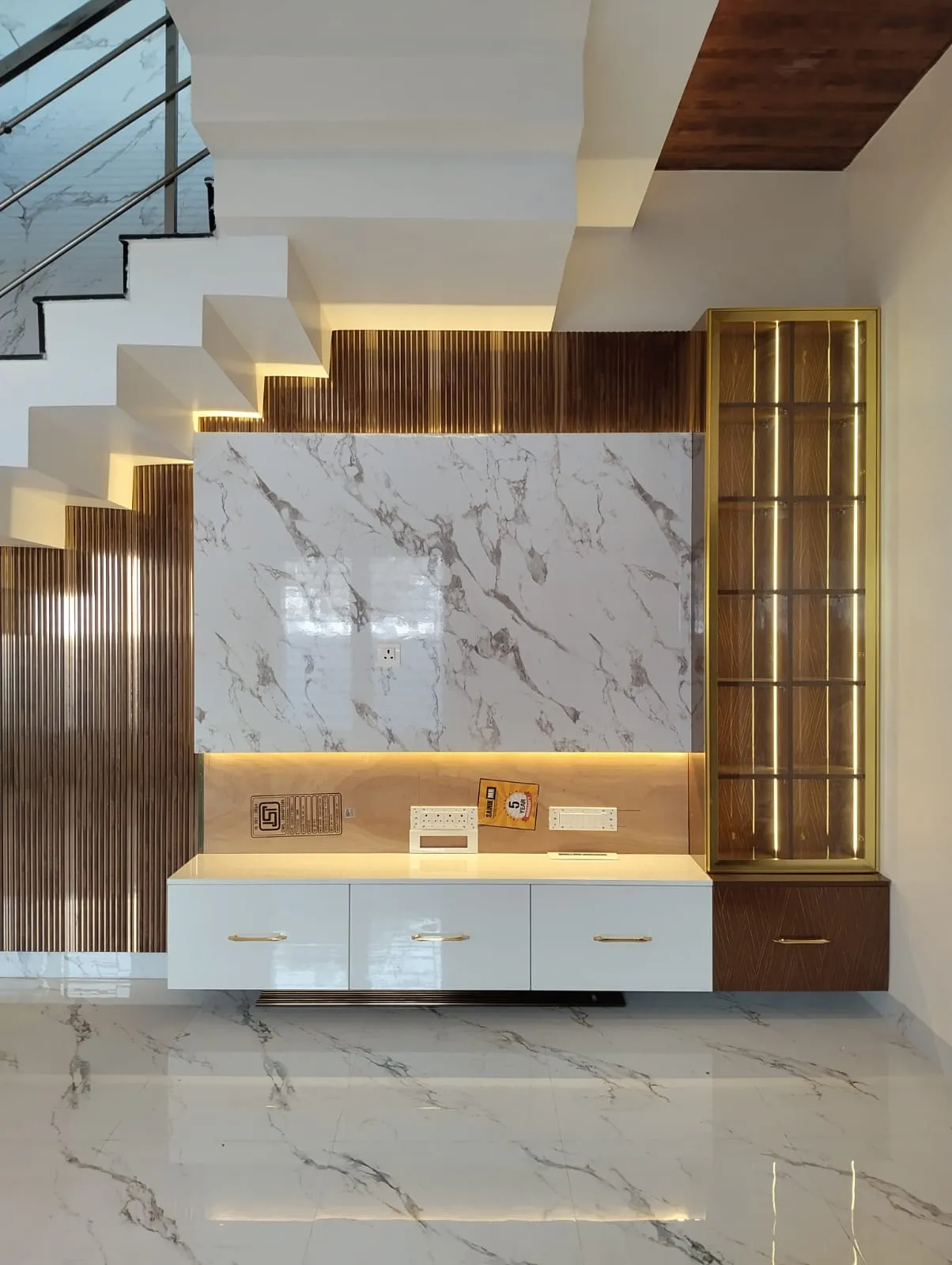 Under-Stair Entertainment Console with Backlit Marble and Fluted Accent Panels Floor Standing TV Units Desk and Decor 
