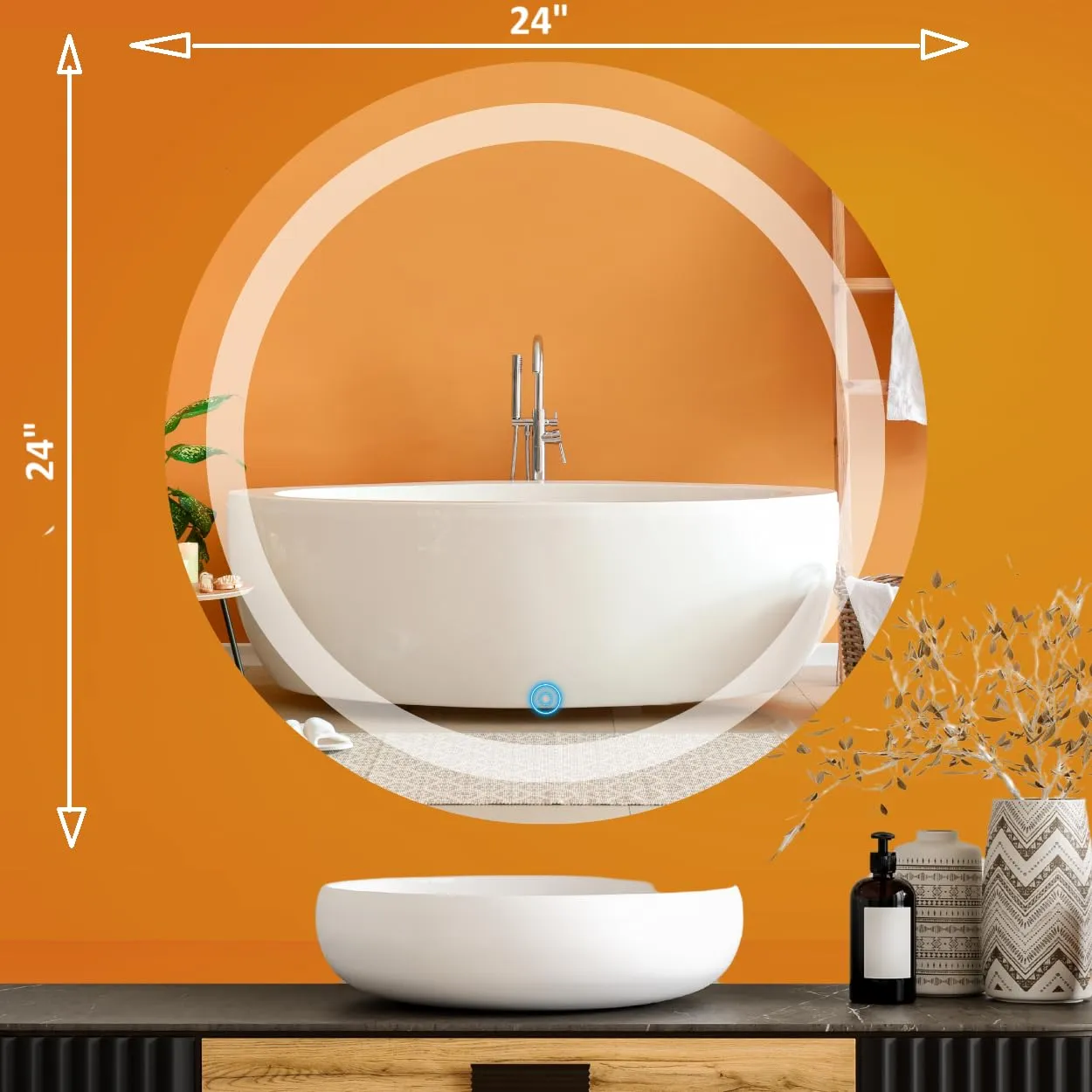 Wall Mounted Framed Round Mirror with Light 24 Inch X 24 Inch LED Mirrors Desk and Decor 