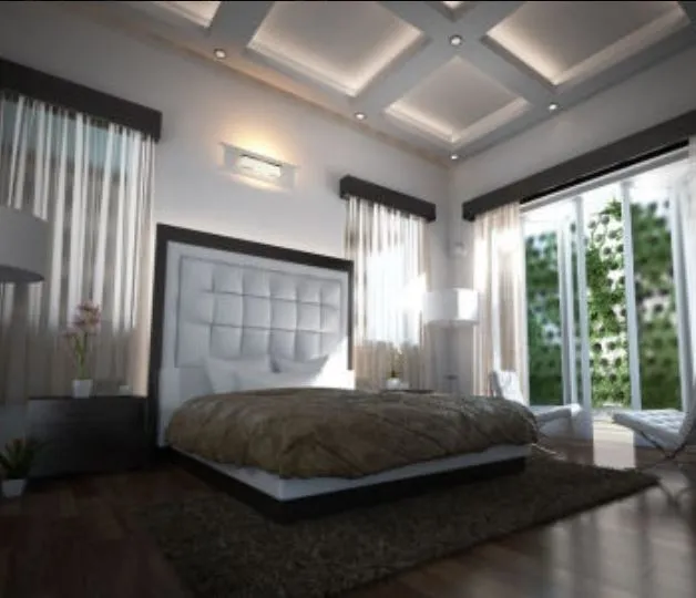 Bedroom with Coffered Ceiling & Garden View Modern Bedroom Desk and Decor 