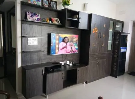 Living Room with Dark Wenge Wood TV Wall Unit TV Unit Focused Design Desk and Decor 