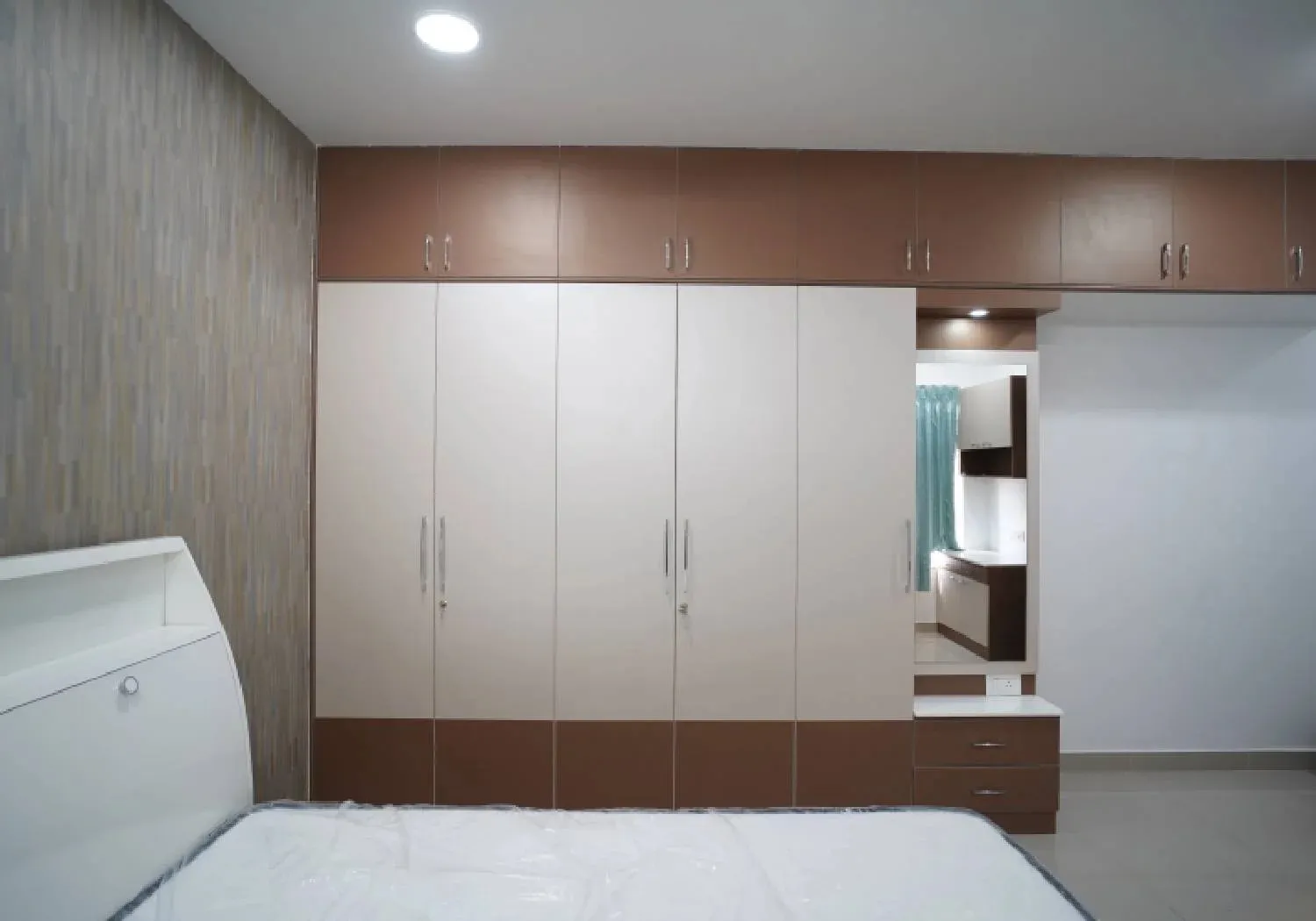 Dual-Tone Wardrobe with Wood-Grain & White Finish Loft Storage Designs Desk and Decor 