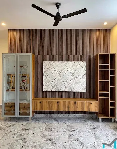 Wall-Mounted TV Unit with Glass Display Cabinet & Wood Accent TV Unit Focused Design Desk and Decor 