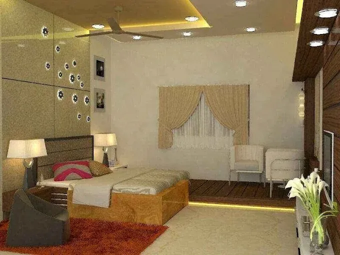 Bedroom with Decorative Floral Ceiling Panel & Wall Art Modern Bedroom Desk and Decor 