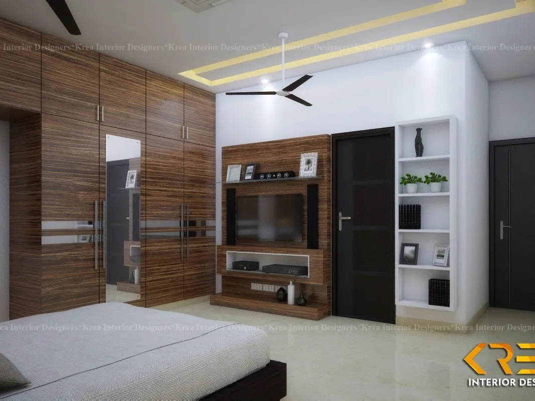 Luxury Master Bedroom with Wooden Panel Headboard & False Ceiling Modern Bedroom Desk and Decor 