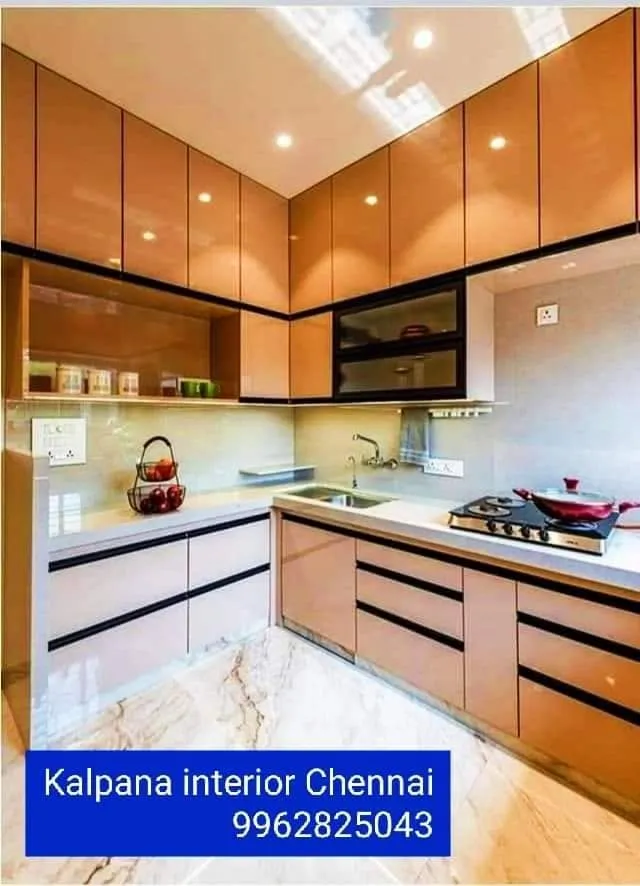 L-Shaped Modular Kitchen with Dual-Tone Cabinets & LED Profile Lighting Modular Kitchen Desk and Decor 