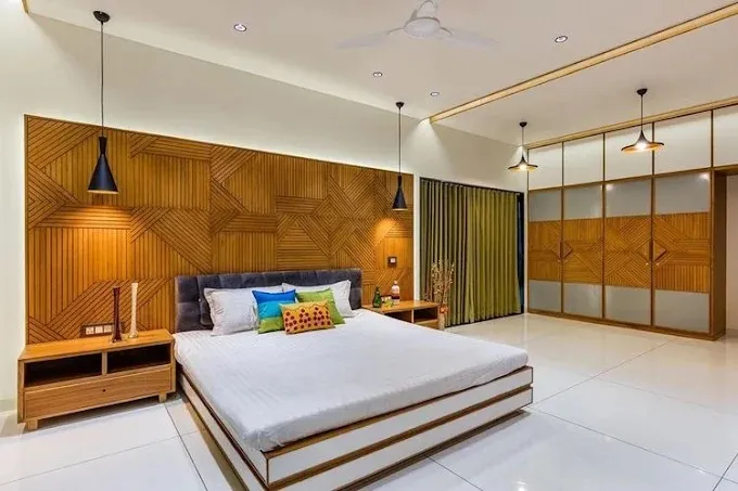 Bedroom with Arched Terracotta Channel-Tufted Headboard Wall Modern Bedroom Desk and Decor 