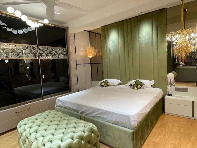Luxury Bedroom with Olive Green Channel Tufted Headboard Modern Bedroom Desk and Decor 