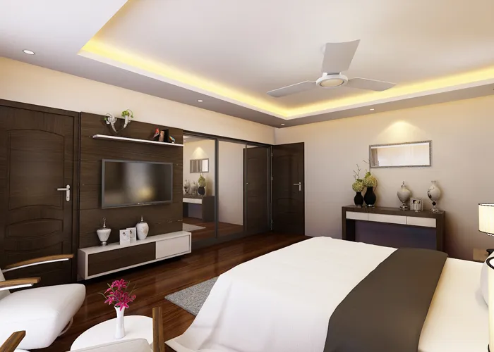 Elegant Master Bedroom with Tufted Headboard & Layered False Ceiling Modern Bedroom Desk and Decor 