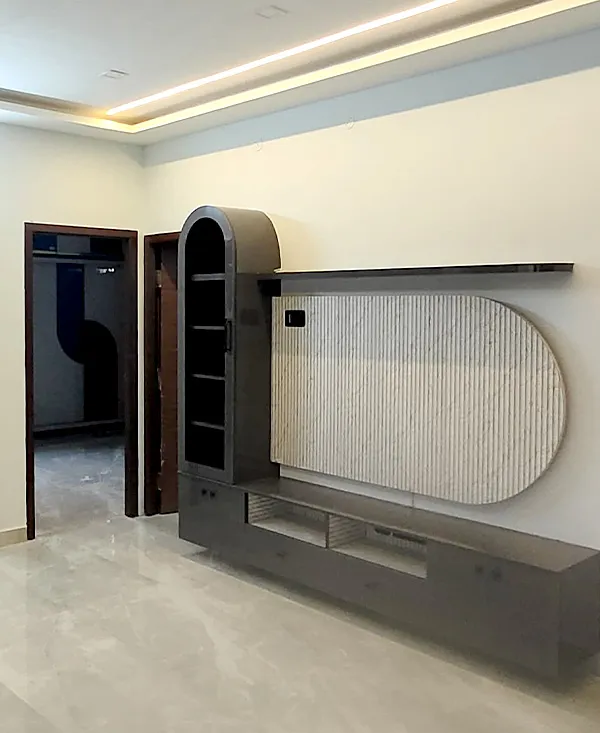 TV Unit with Integrated Pooja/Display Niche TV Unit Focused Design Desk and Decor 