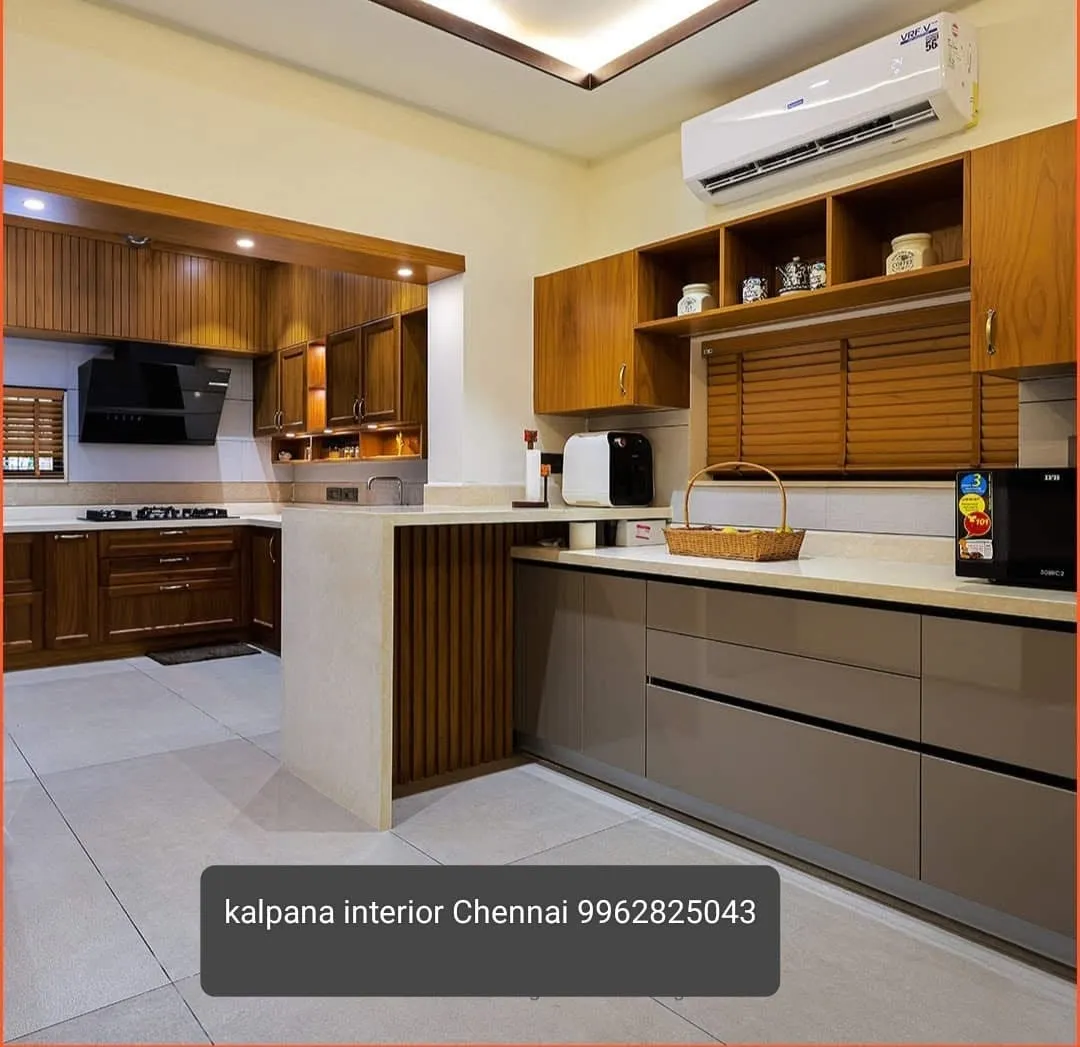 L-Shaped Modular Kitchen with Dual-Tone Cabinets & LED Profile Lighting Modular Kitchen Desk and Decor 