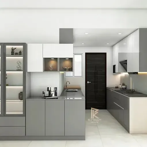 Modern L-Shaped Kitchen with Open Metal Shelving Modular Kitchen Desk and Decor 