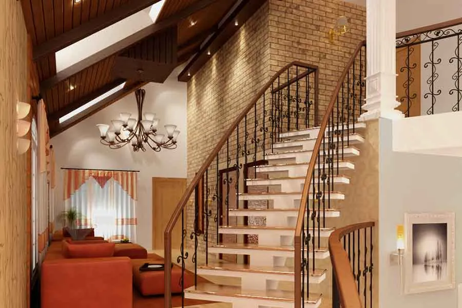 Grand Curved Staircase with Vaulted Wooden Ceiling Staircase Design Desk and Decor 
