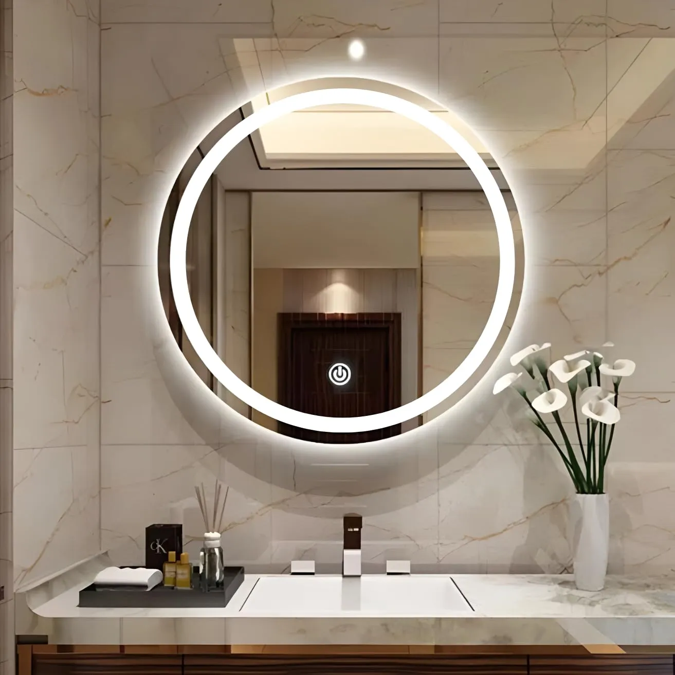 Wall Mounted Framed Round Mirror with Light 24 Inch X 24 Inch LED Mirrors Desk and Decor 