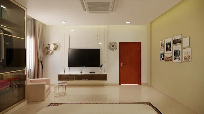Modern Minimalist Living Room Interior TV Unit Focused Design Desk and Decor 
