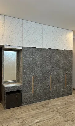 Full-Height Wardrobe with Dresser Unit – Dual Tone (Grey & White Marble Finish) Mirror Wardrobe Desk and Decor 