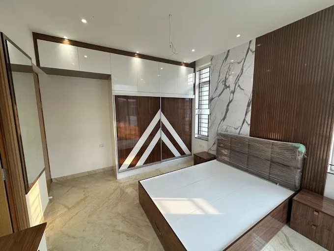 Bedroom with Arched Terracotta Channel-Tufted Headboard Wall Modern Bedroom Desk and Decor 