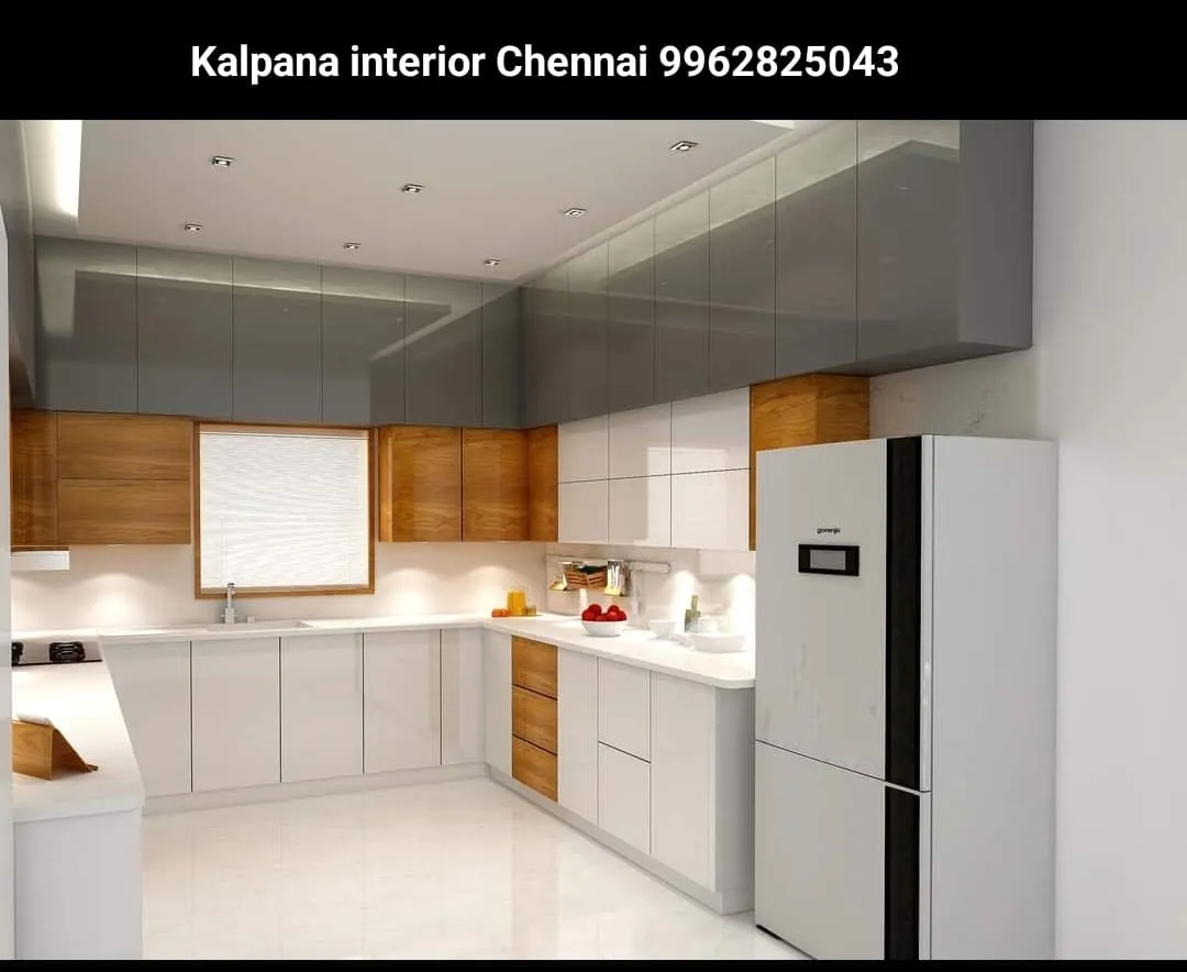 L-Shaped Modular Kitchen with Dual-Tone Cabinets & LED Profile Lighting Modular Kitchen Desk and Decor 