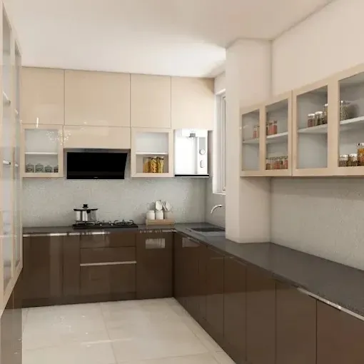 Modern L-Shaped Kitchen with Open Metal Shelving Modular Kitchen Desk and Decor 