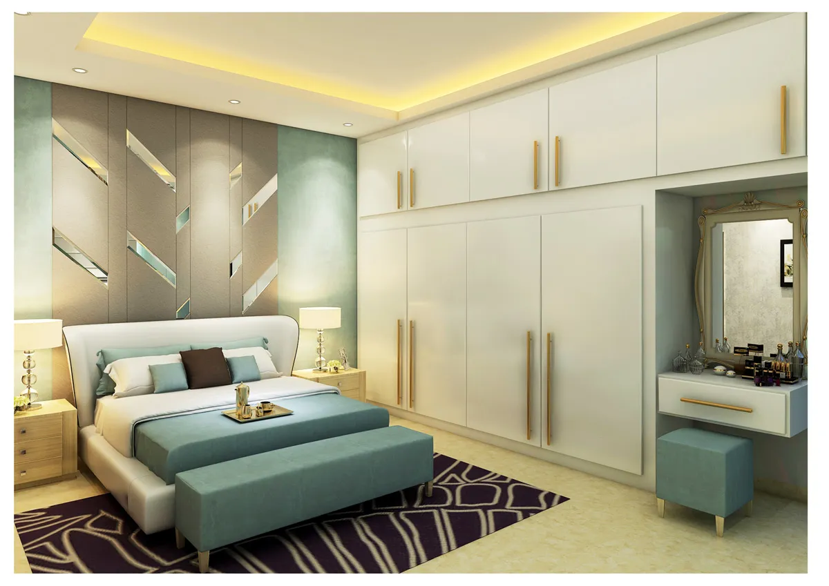 Master Bedroom with Mirror-Inlay Feature Wall Modern Bedroom Desk and Decor 
