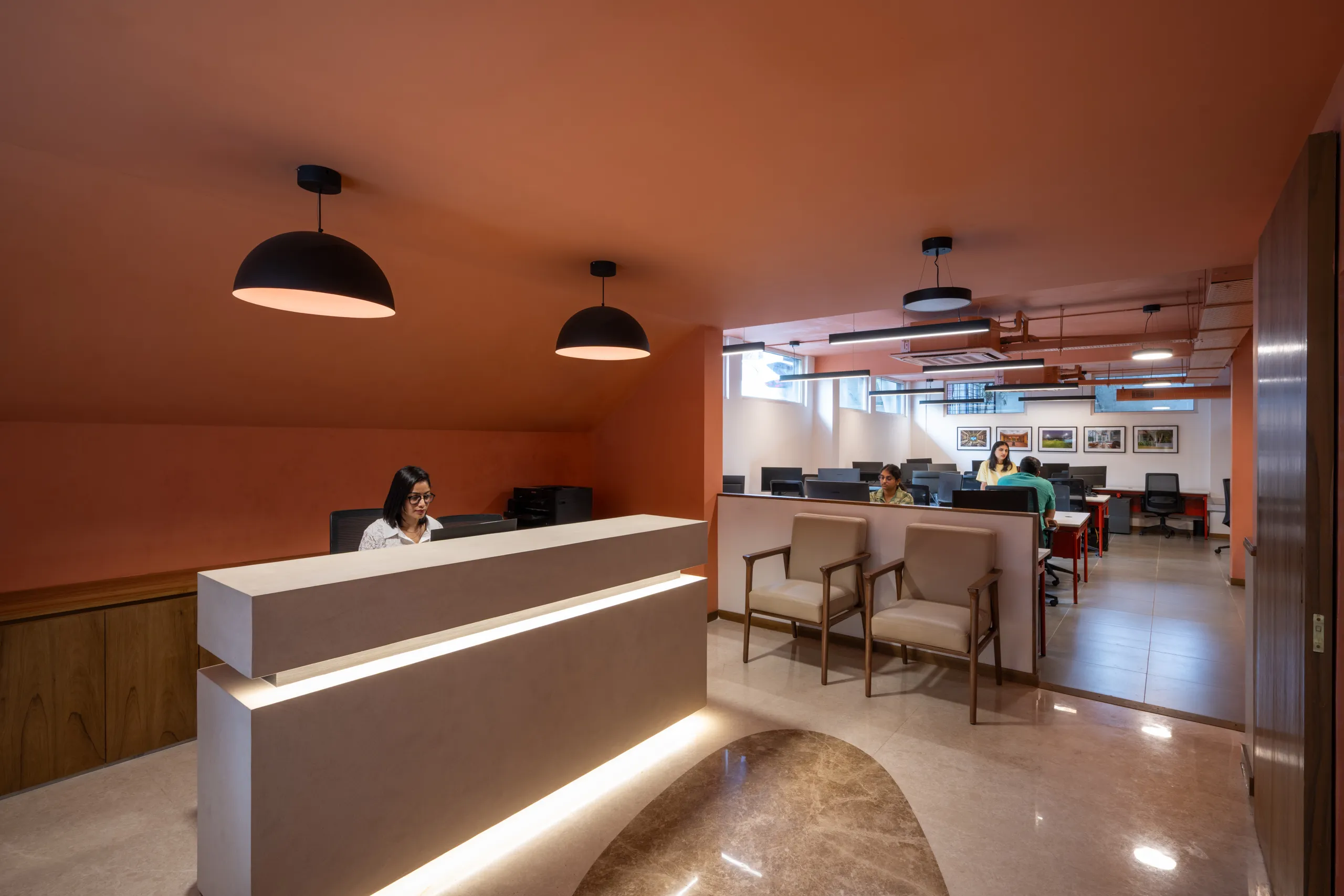 Industrial-Style Open Office Workspace with Exposed Ceiling Modern Office Designs Desk and Decor 