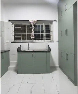 Sage Green Modular Kitchen with Tall Pantry and Sink Island Modular Kitchen Desk and Decor 