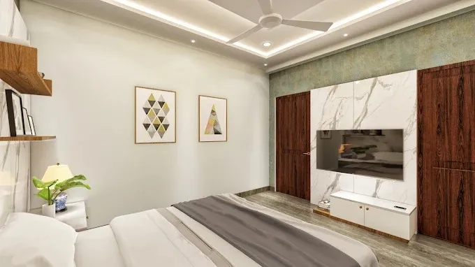 Bedroom with Green False Ceiling & Grey Textured Wardrobe Modern Bedroom Desk and Decor 