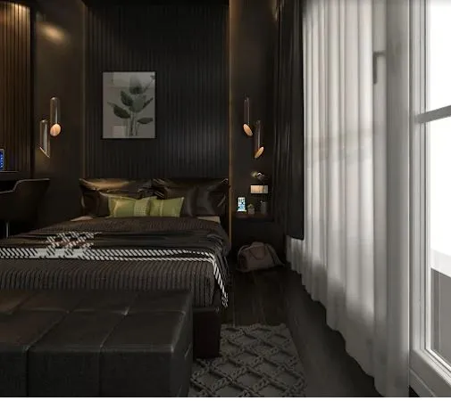 Moody Dark-Themed Bedroom with Fluted Panel Headboard Wall Modern Bedroom Desk and Decor 
