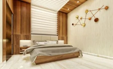 Contemporary Bedroom with Stone-Clad TV Feature Wall and Curved False Ceiling Modern Bedroom Desk and Decor 