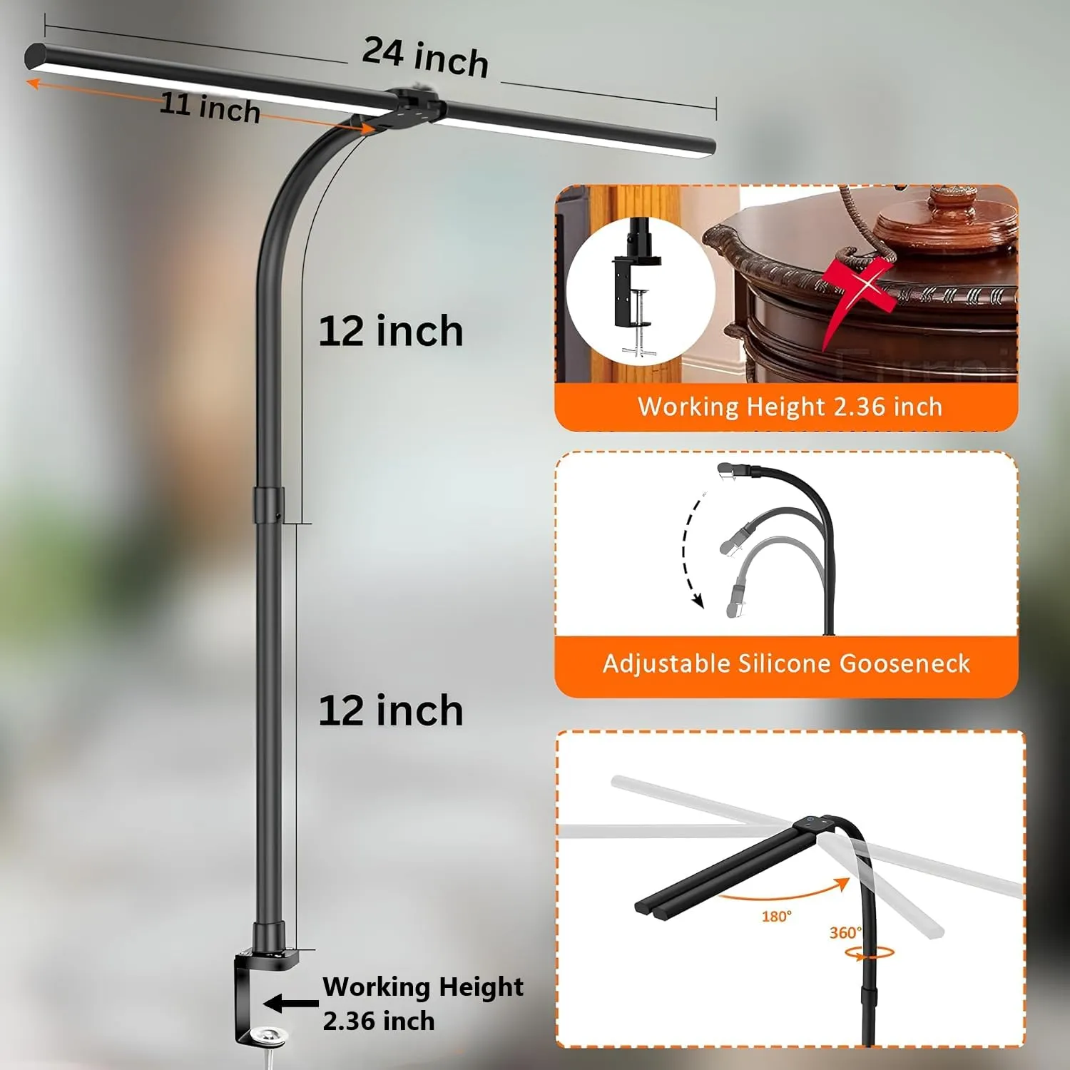 Double Head LED Desk Clamp Lamp Light- with Adjustable Arms Desk Lamps Desk and Decor 