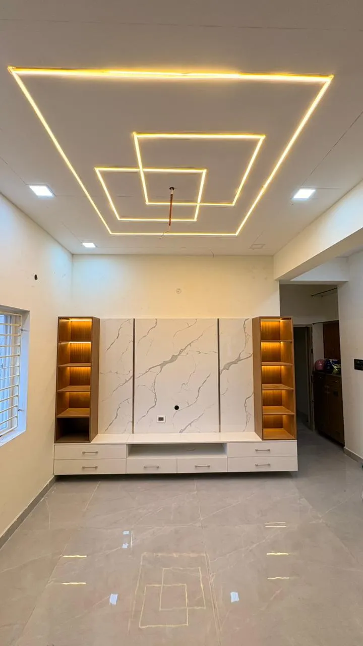 "Modern Luxury: Marble-Texture TV Backdrop with Symmetrical Illuminated Display Towers" Floor Standing TV Units Desk and Decor 