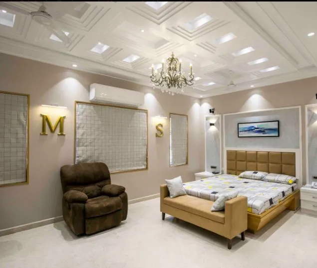 Master Bedroom with Wardrobe & Geometric Ceiling Modern Bedroom Desk and Decor 