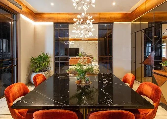 Dining Room with Brass-Inlay Wood Paneling & Green Marble Table Modern Dining Room Designs Desk and Decor 