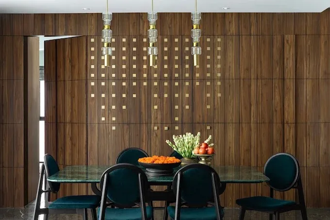 Dining Room with Brass-Inlay Wood Paneling & Green Marble Table Modern Dining Room Designs Desk and Decor 