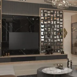Resort Living Lounge with Wooden Jaali Partition Waiting Lounge Design Desk and Decor 