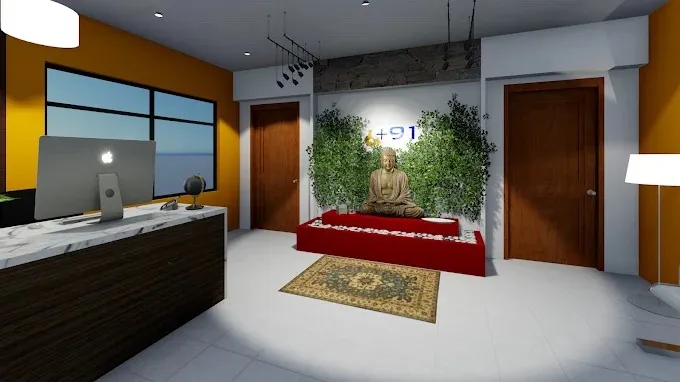 Office Reception with Buddha Feature Wall Front office Desk and Decor 