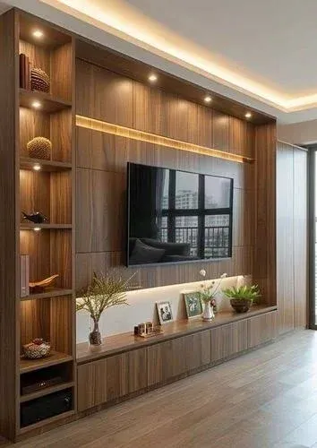Modern Minimalist Living Room Interior TV Unit Focused Design Desk and Decor 