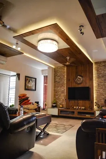 Living Room with Wooden False Ceiling & Stone Cladding TV Wall Modern Living Room Designs Desk and Decor 