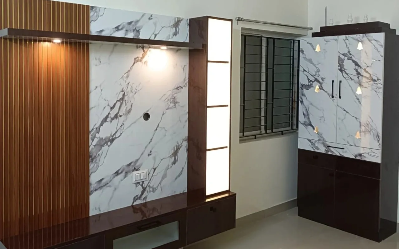 TV Feature Wall with Display Cabinet TV Unit Focused Design Desk and Decor 