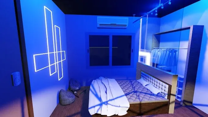 Futuristic Bedroom with Neon Wall Art & Blue Ambient Lighting Modern Bedroom Desk and Decor 