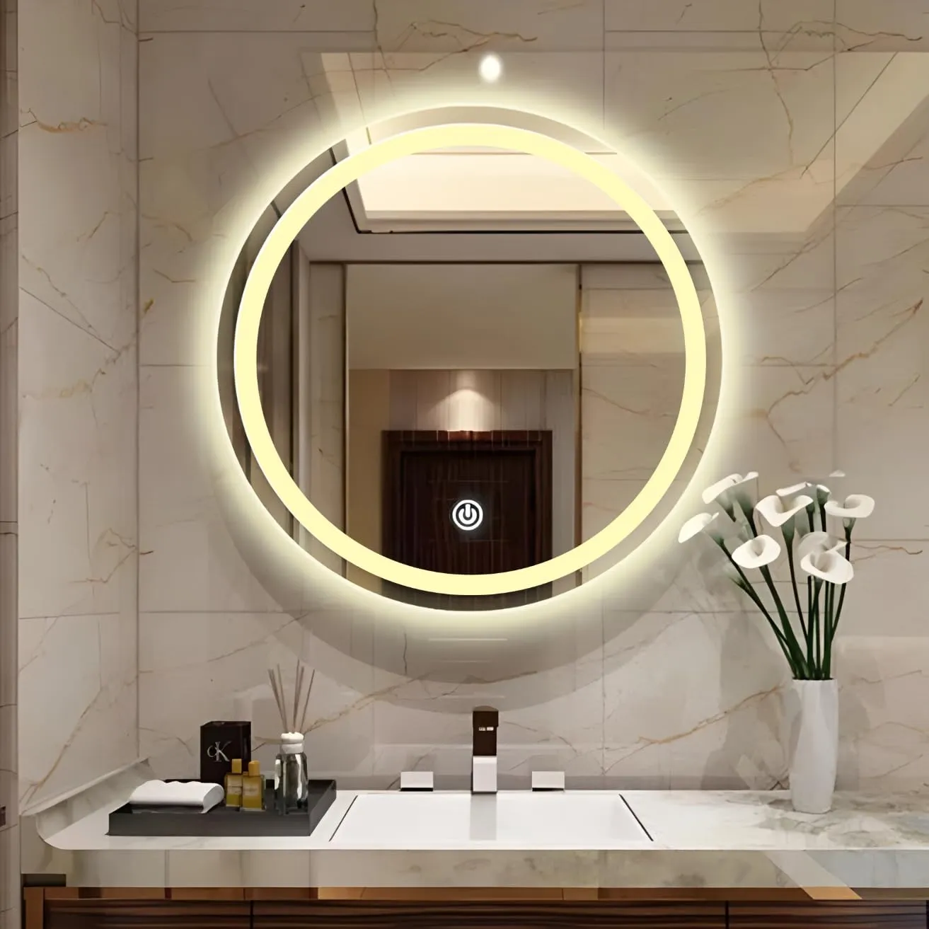 Wall Mounted Framed Round Mirror with Light 24 Inch X 24 Inch LED Mirrors Desk and Decor 