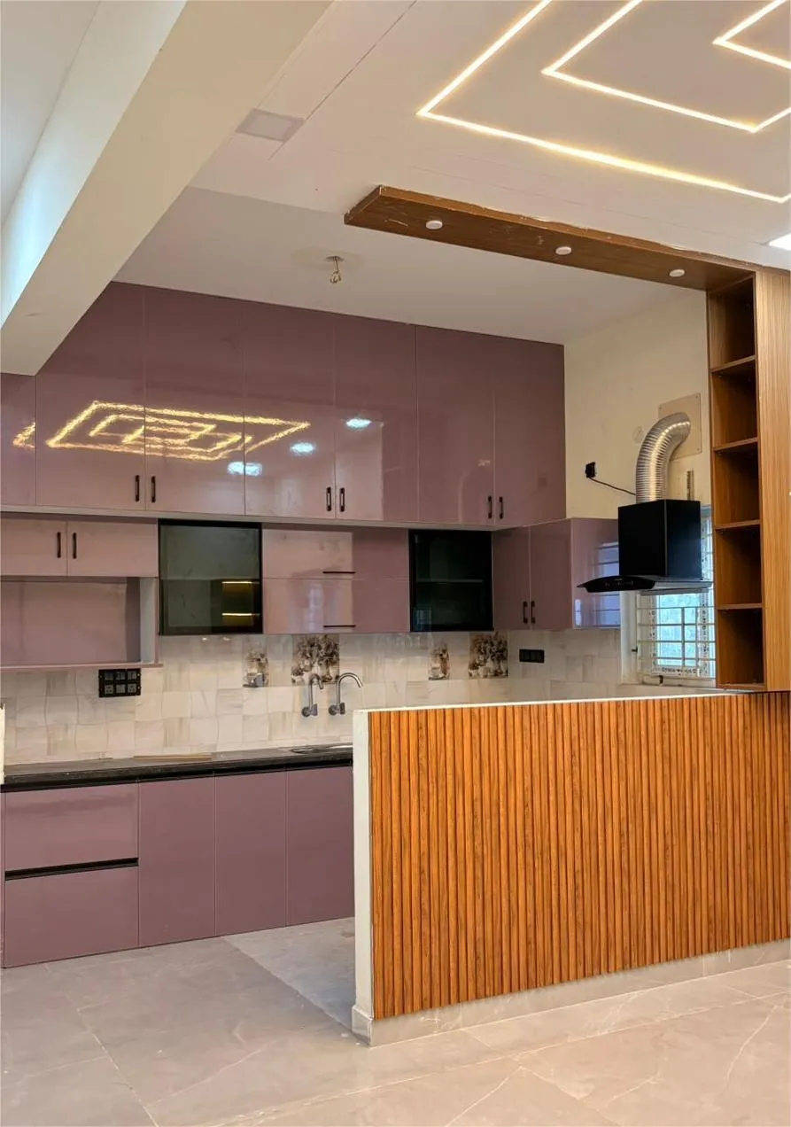 Premium L-Shaped Kitchen with Glossy Lavender Acrylic Cabinets Wall Cabinets Desk and Decor 