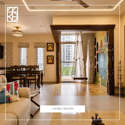 Traditional Indian Living Room with Indoor Jhunjhala / Swing Balcony Zone Traditional Indian Living Room Desk and Decor 