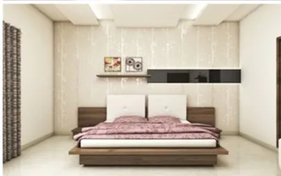 Contemporary Bedroom with Stone-Clad TV Feature Wall and Curved False Ceiling Modern Bedroom Desk and Decor 