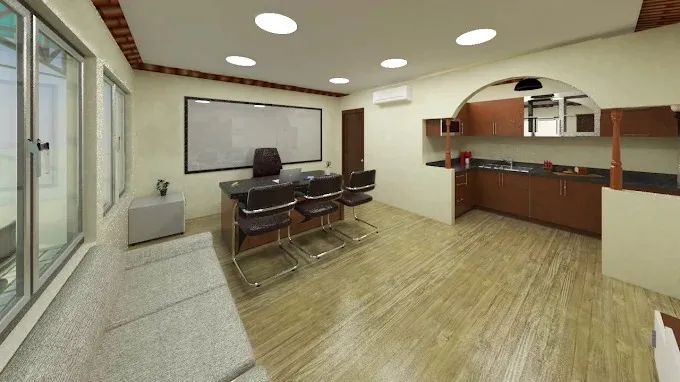 Office Reception with Buddha Feature Wall Front office Desk and Decor 