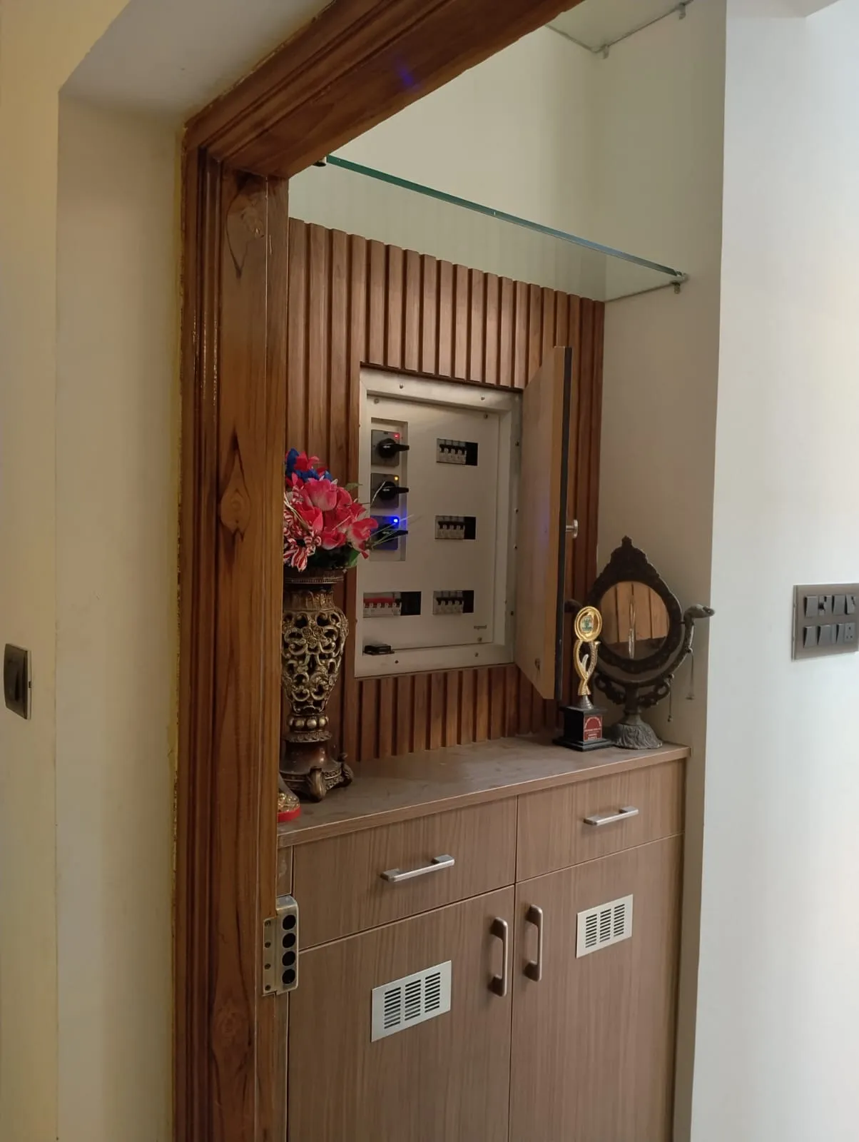 Foyer Solutions Custom Shoe Cabinet with Integrated Electrical DB Concealment and Fluted Wood Accents Shoe Cabinets Desk and Decor 